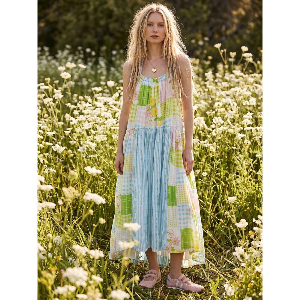 Free People Cottage Embroidered Patched And Pretty Halter Midi Maxi Dress Medium - Picture 3 of 16